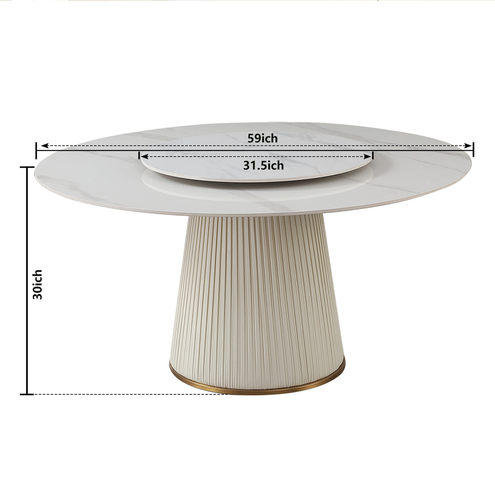 English Elm 59"modern Sintered Stone Round Dining Table Set Seats Six with Sculptural Leather Pedestal W509S00166