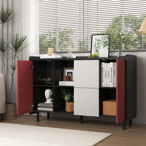 English Elm Sideboard Buffet Cabinet - Modern Black & Red Storage Solution With Drawers & Open Shelves For Style W409P176598-GIGA