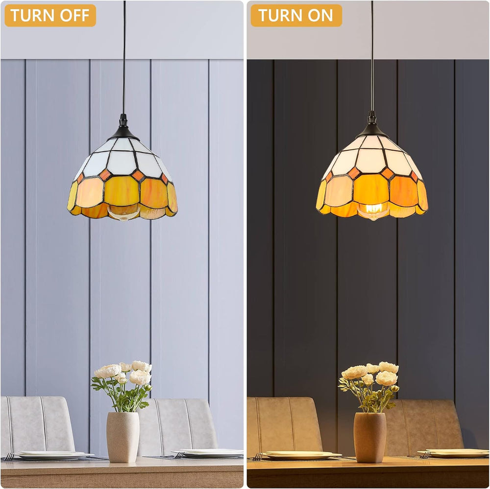 English Elm Tiffany Dimmable Plug-In Pendant Light with Stained Glass Shade, Vintage Swag Lamp 16.4ft Cord W2738P185433