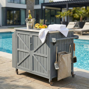 English Elm K&k Rolling Outdoor Kitchen Island Solid Fir Wood Stainless Steel Top Storage Cabinet Grey+Blue N707P370287G