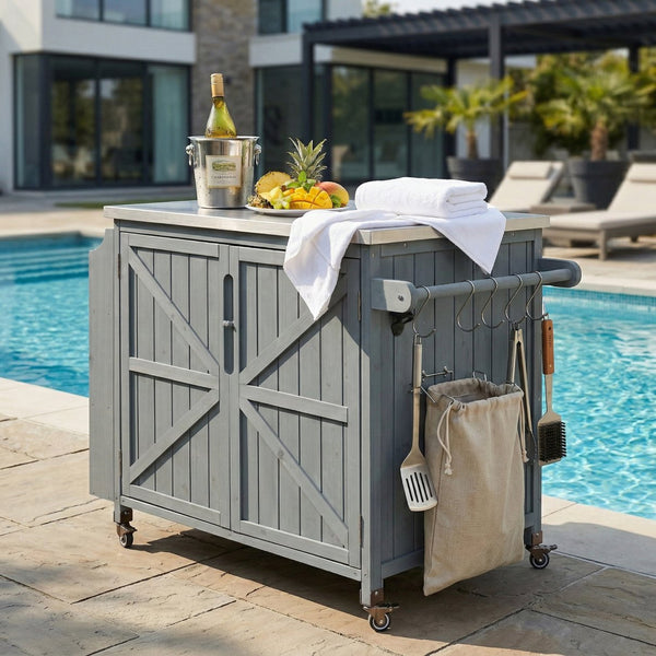 English Elm K&k Rolling Outdoor Kitchen Island Solid Fir Wood Stainless Steel Top Storage Cabinet Grey+Blue N707P370287G