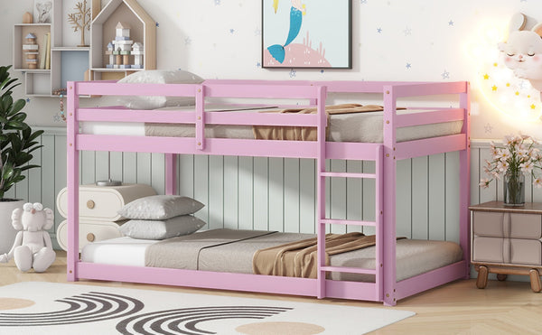 English Elm Solid Rubberwood Twin Over Twin Floor Bunk Bed - Sturdy, Stylish Pink Design With Ladder & Slats W504P191672-GIGA