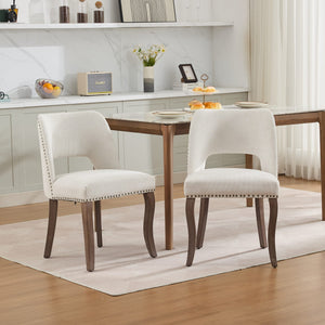 English Elm Wooden Modern Fabric Dining Chairs Set of 2 with Hollow-Out Back, Copper Nail Detail, Curved Legs Beige W1143P372912