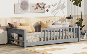 English Elm Twin Floor Platform Bed With Book Rack - Cozy Grey Design, Safe Low Profile, Easy Assembly & Storage W504P345764-GIGA