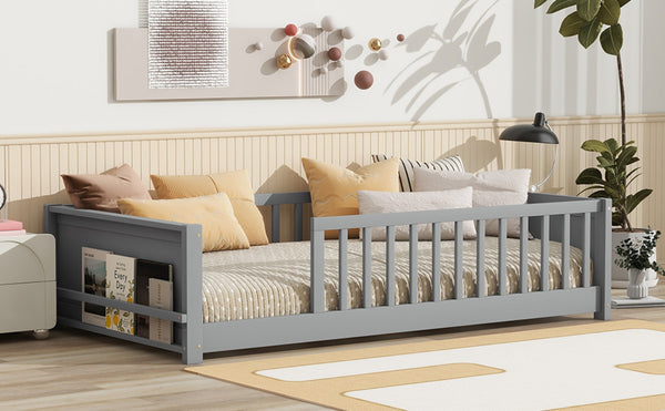 English Elm Twin Floor Platform Bed With Book Rack - Cozy Grey Design, Safe Low Profile, Easy Assembly & Storage W504P345764-GIGA