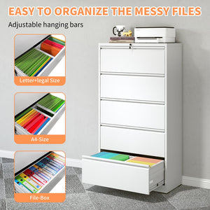 English Elm 5 Drawer Steel Lateral Filing Cabinet Lockable Home Office Organizer Matte Finish White T2398S00006