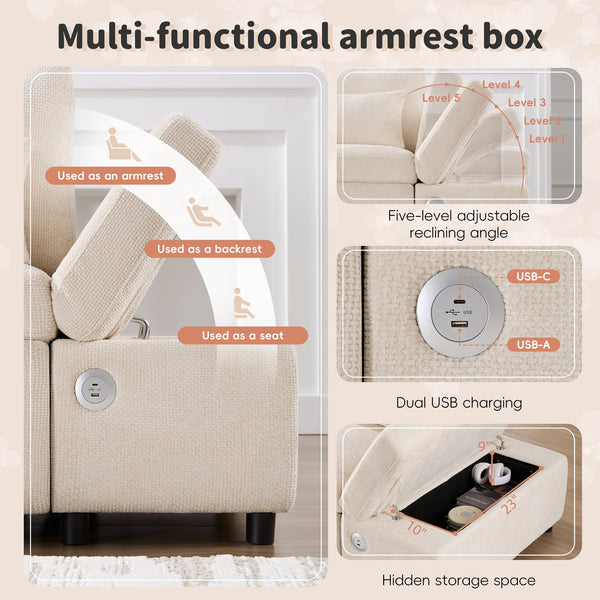 English Elm [video]107'' Chenille Sleeper Sectional with Usb Charging Storage Ottoman and Adjustable Armrest Beige N723S8782A