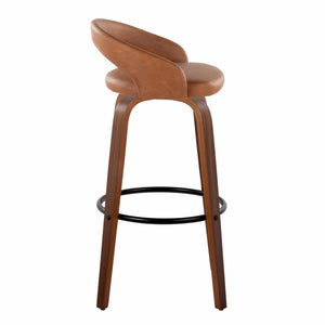 English Elm Fixed-height Swivel Barstools Walnut Bentwood Camel Faux Leather Kitchen Set of 2 B202S01857
