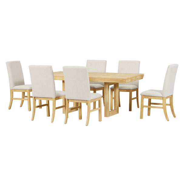 English Elm TOPMAX 7-Piece Extendable Dining Set with 12" Self-Hidden Butterfly Leaf and Upholstered Chairs, Distressed White Wire-Brushed Finish Natural SP000059AAA