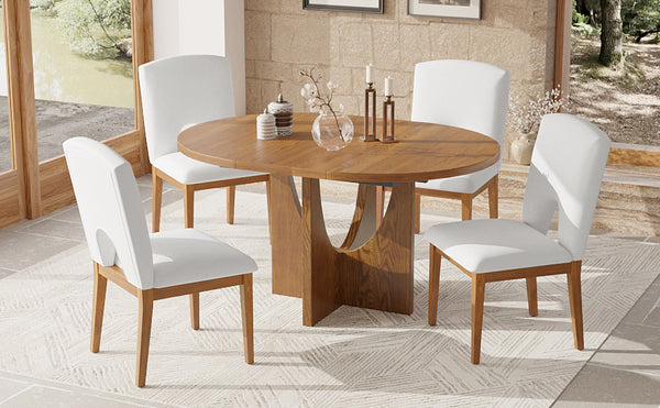 English Elm Topmax Extendable Round Dining Set with Linen Chairs and Pedestal Base Seats Five Walnut N717S000062D