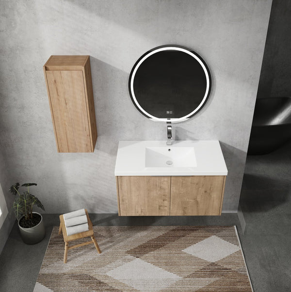 English Elm 36" Wall-Mounted Bathroom Vanity With Soft-Close Sink & Side Cabinet For Stylish Storage Solutions W999S00218