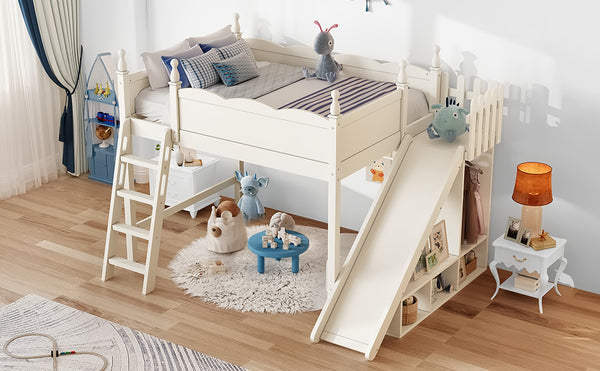 English Elm Twin Loft Bed Solid Pine Frame with Wardrobe Shelving Detachable Slide Kids Room Beige W5305S00023