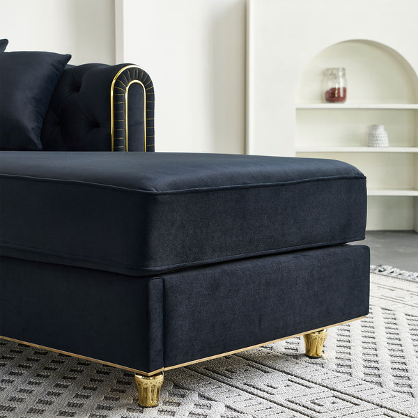 English Elm 66.9''W Velvet Chaise Lounge with Tufted Back and Gold Trim, Luxury Modern Sofa for Living Room Black W579P224635