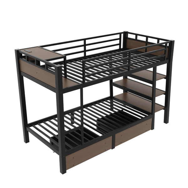 English Elm Full Size Metal Loft Bed with Stair Storage Shelves Bookshelf for Dorms Bedroom W1580S00346