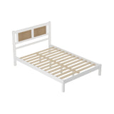 English Elm Full Size Wooden Platform Bed With Natural Rattan Headboard, Exquisite Elegance With Minimalist Charm For Bedroom, White