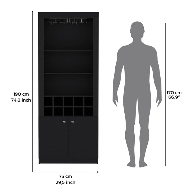English Elm Cabinet Black 4-Tier Wine & Liquor Storage with Stemware Rack, 15-Bottle Cubbies, 4 Shelves, Tall B097P221378