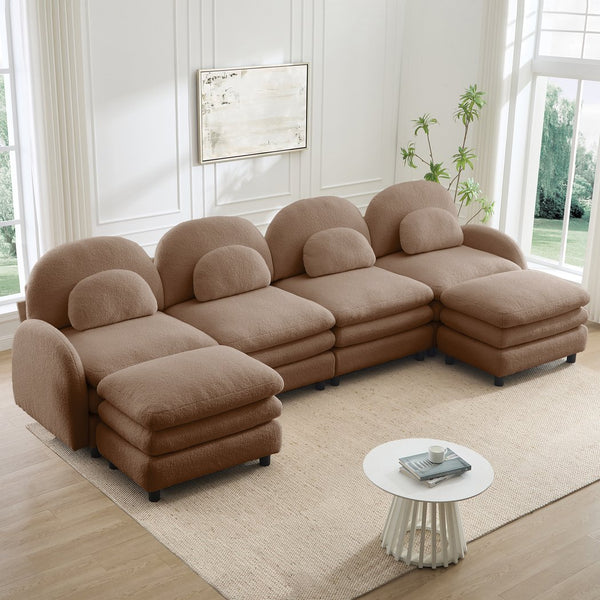 English Elm Teddy Fleece Curved Modular Sectional Sofa with Movable Ottomans for Cozy Living Rooms Camel W5656S00109