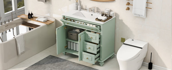 English Elm 36" Forest Green Rubberwood Bathroom Vanity with Ceramic Sink and Golden Hardware N725P356069F