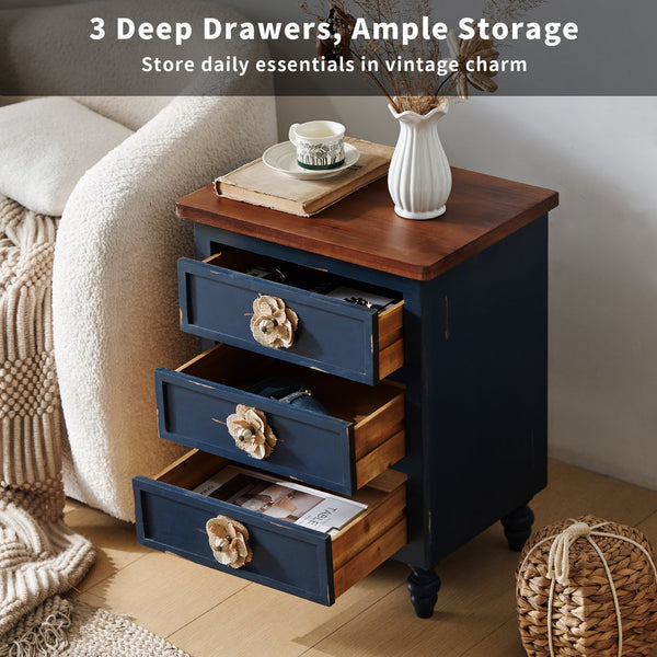 English Elm Vintage Farmhouse End Table with Floral Knobs 3-Drawer Rustic Nightstand Solid Wood Accents Antique Blue,Walnut W3306P318868