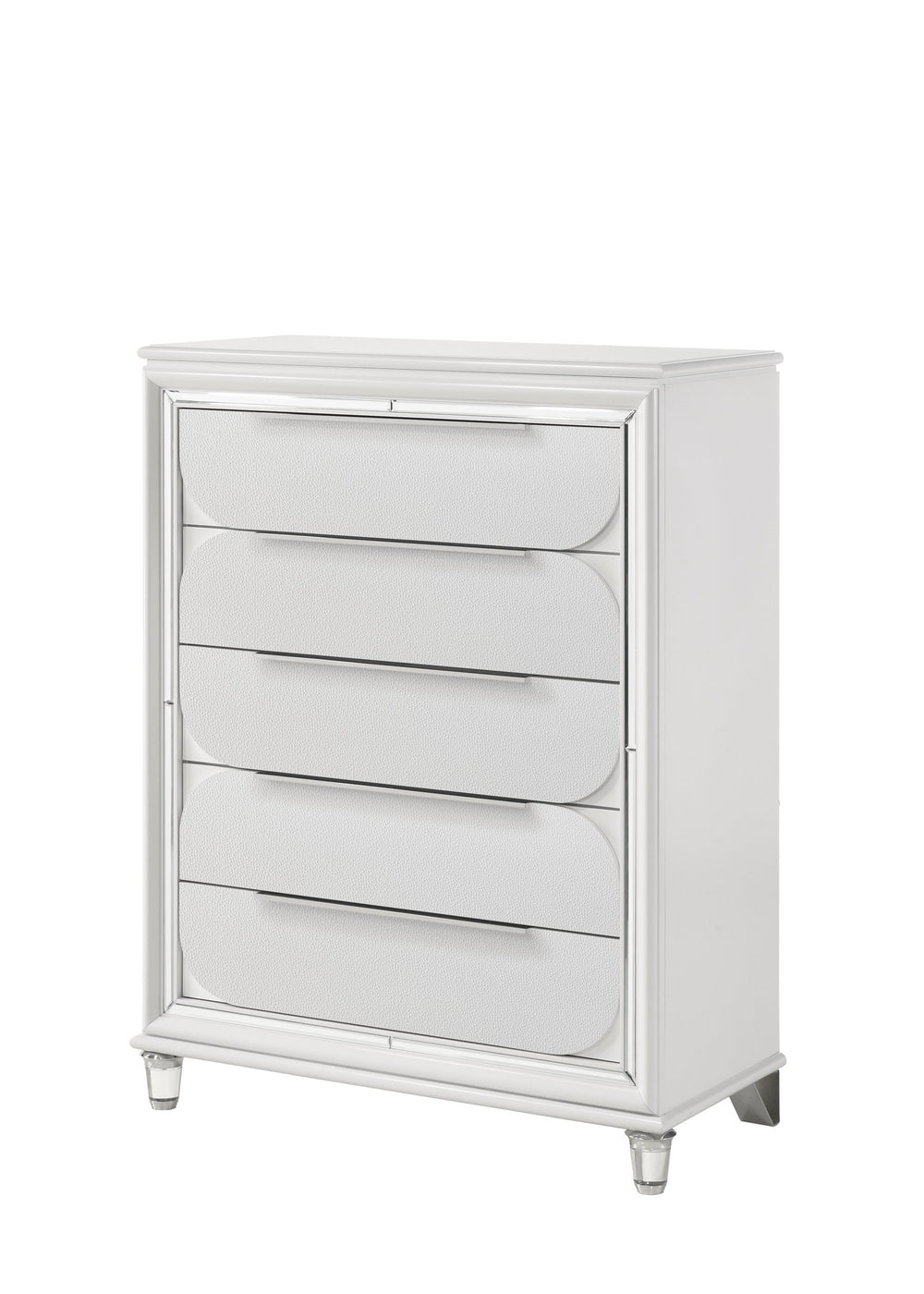 English Elm Tarian Pearl Dresser with Acrylic Crystal Legs and Embossed Fronts, Six Drawers plus Jewelry Trays White 41 L x 20 W x 51 H B2726P269296