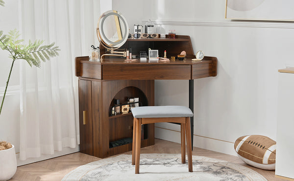 English Elm Corner Makeup Vanity Desk with 360° Rotating LED Mirror, Adjustable Brightness, L-Shaped Corner Design and Pull-Out Storage for Small Spaces Walnut N844P263663W