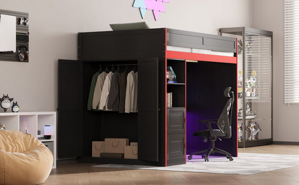 English Elm Gaming Full Loft Bed with Built-in Desk Led Lights and Storage for Teen Rooms N709P004103J