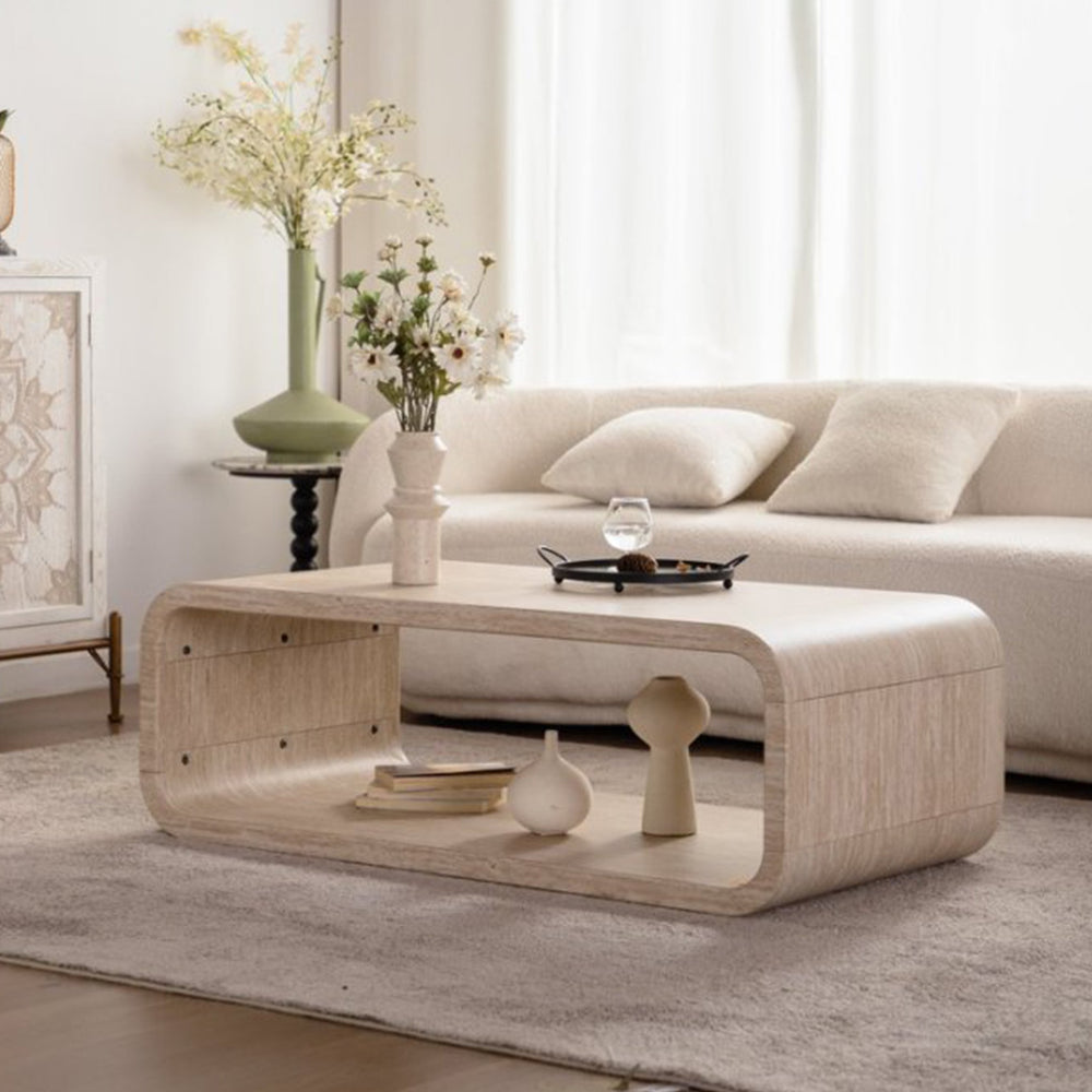 English Elm Modern Racetrack Oval Coffee Table Light Wood Veneer Open Shelf Airy Living Room W3081P352091