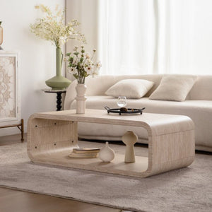 English Elm Modern Racetrack Oval Coffee Table Light Wood Veneer Open Shelf Airy Living Room W3081P352091