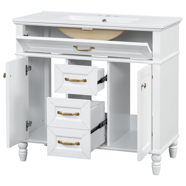 English Elm 36 Inch Bathroom Vanity with Ceramic Sink, Durable MDF & Solid Wood Frame, Soft-Close Doors, Luxe Handles, Ample Organized Storage, Modern Freestanding Design White N725P314034K