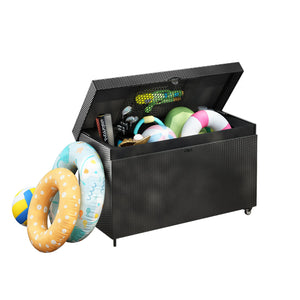 English Elm K&K 200 Gallon Wicker Deck Box with Lockable Lid, Hydraulic Pistons, Wheels, Weatherproof Storage Black N707P245457B