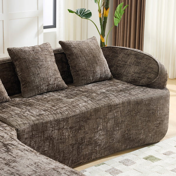 English Elm Beige Chenille L-shaped Sectional Sofa with Chaise Deep Seating and Curved Armrests Brown W3612S00032