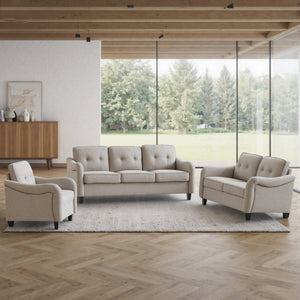 English Elm 3 Piece Living Room Sofa Set – Modern 3-Seater, 2-Seater Loveseat & Accent Armchair For Comfort W680S00083