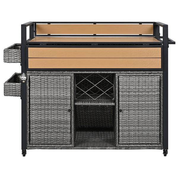 English Elm K&K Wicker Outdoor Grill Cart with Foldable Drop Leaf, Locking Wheels, Wine Rack & Ample Storage Grey N707P233747G