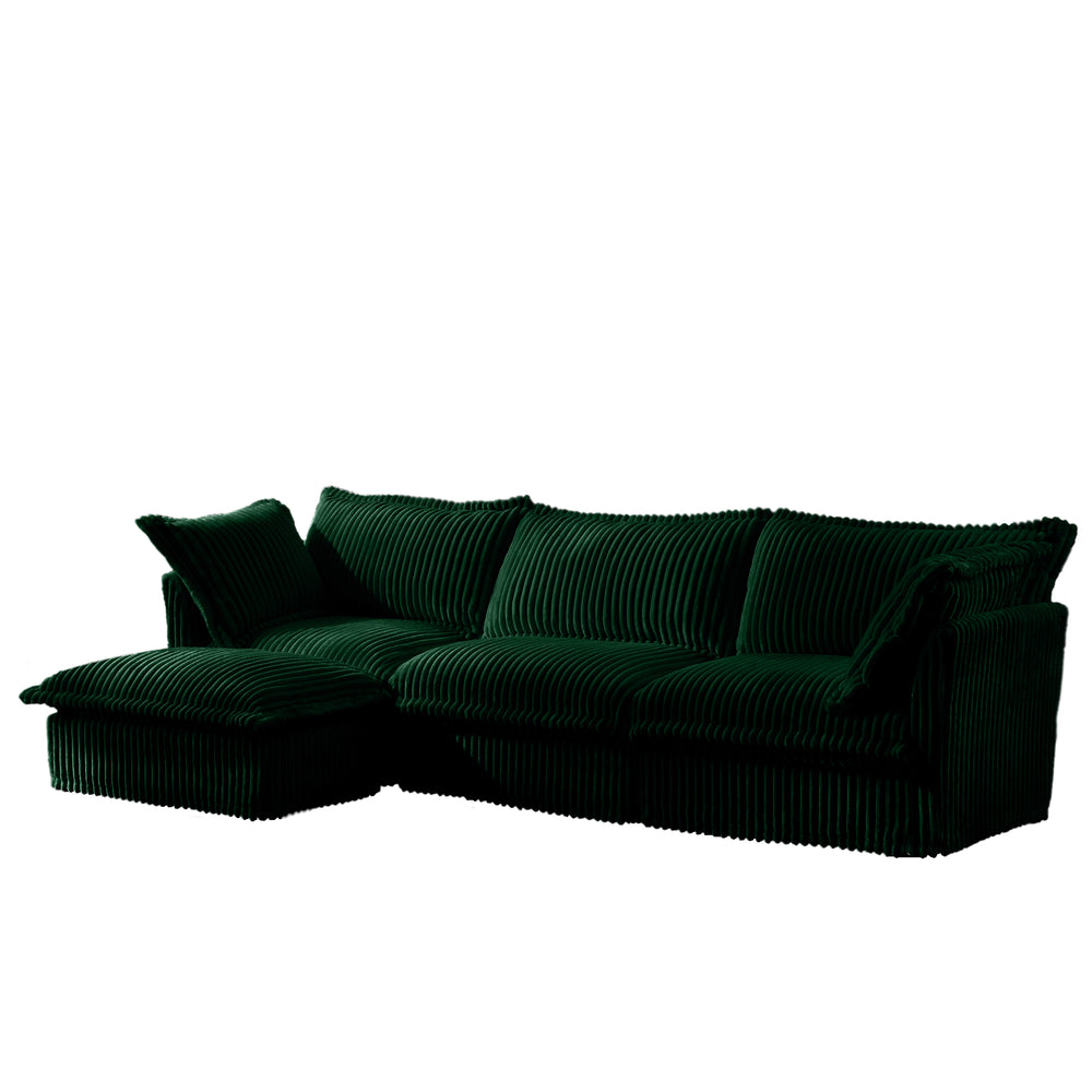 English Elm L-Shaped Slipcovered Sectional Sofa - Cloud Comfort With Convertible Ottoman, Green Corduroy & 2 Pillows W3041S00082
