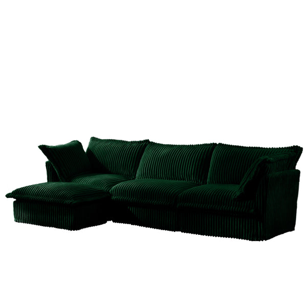 English Elm L-Shaped Slipcovered Sectional Sofa - Cloud Comfort With Convertible Ottoman, Green Corduroy & 2 Pillows W3041S00082