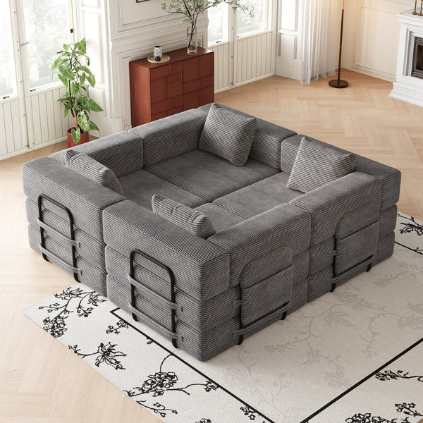 English Elm 4 Seater Corduroy Floor Sofa Bed with Storage Pockets and High Density Foam Fill W3505S00018