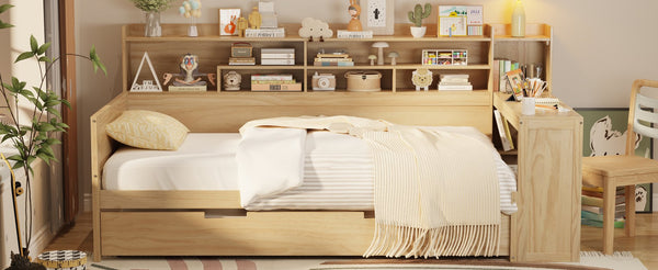 English Elm Wooden Twin Daybed with Trundle, Built-In Desk and Side Storage Shelves for Space-Saving Living Natural 54.4 L x 18 W x 5.6 H N733S242275M