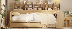 English Elm Wooden Twin Daybed with Trundle Built-in Desk and Open Shelves for Kids Rooms Natural N733S373389M