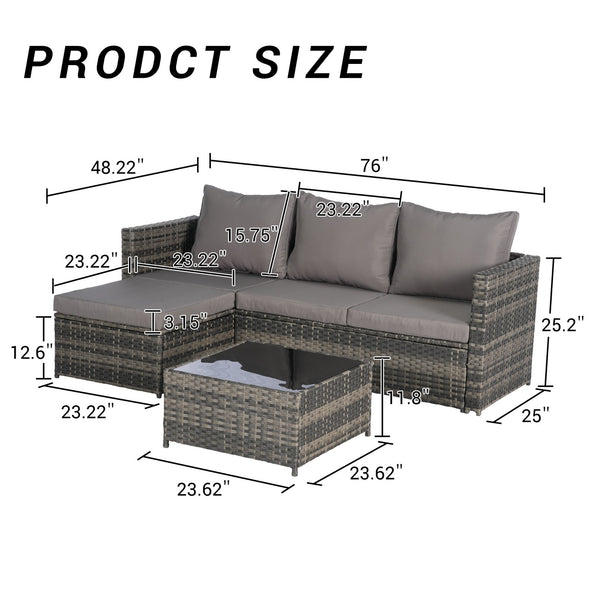 English Elm 2 Piece Outdoor Rattan Sectional Set with Ottoman and Glass Top Coffee Table Dark Gray W874P264737