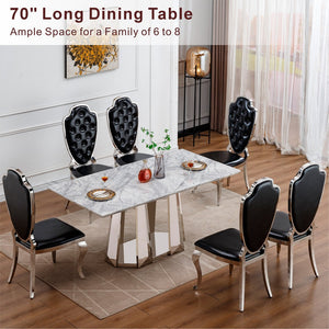 English Elm Marble Dining Table For 6-8, Modern Rectangular Faux Marble Top With Stainless Steel Base, Silver Grey W3456S00039