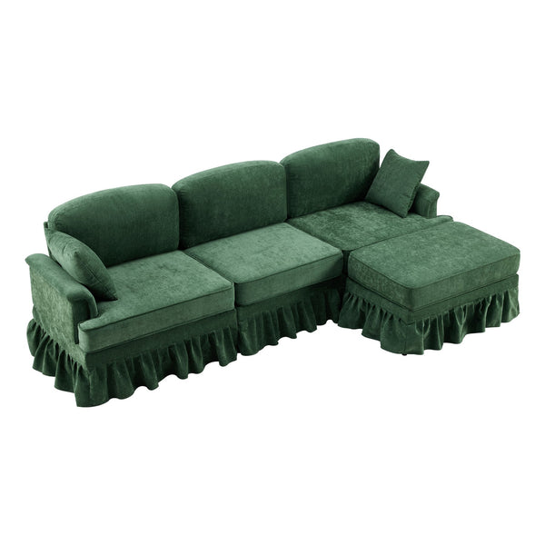 English Elm 103.15'' Chenille L-shaped Sectional Sofa with Detachable Pleated Skirt and Ottoman Green W3612S00046