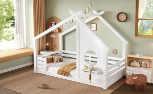 English Elm Twin House Floor Bed with Window & Shelf, Solid Wood Pitched Roof Design for Safe Cozy Sleep White W1580P362678