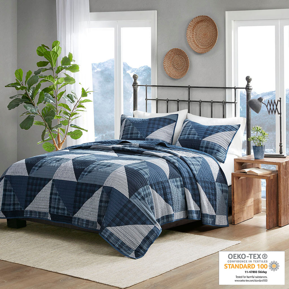 JLA Home Woolrich - Olsen Oversized Cotton Quilt Set with Cottage Geometric Patchwork, Reversible Channel-Quilted Comfort 96 L x 110 W x 0.25H WR13-3472