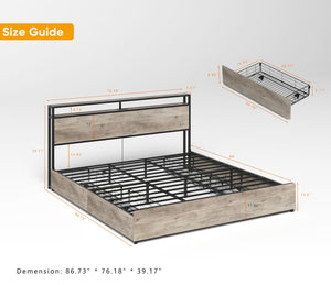 English Elm King Storage Bed with Led Lighting Charging Station Four Drawers Metal Slat Frame W2129P210693