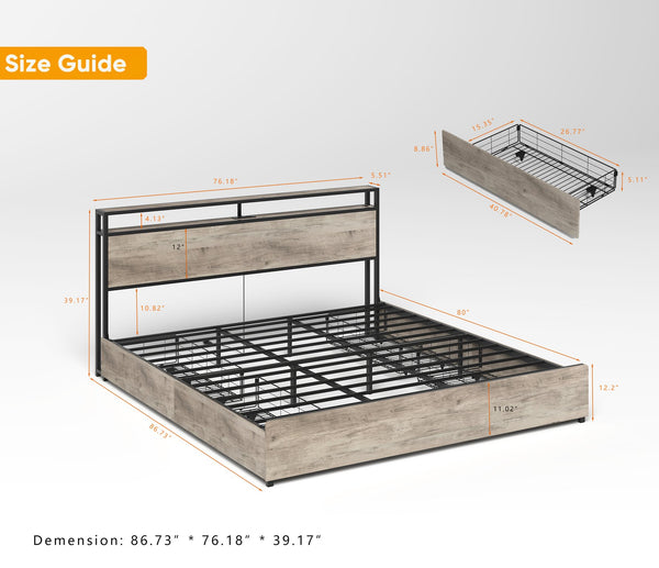 English Elm King Storage Bed with Led Lighting Charging Station Four Drawers Metal Slat Frame W2129P210693