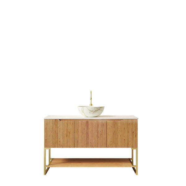 English Elm 48" Freestanding Bathroom Vanity Cabinet Sintered Stone Top Woodgrain Finish Open Shelf W2615S00574