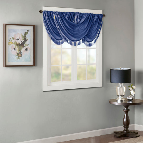 JLA Home Madison Park - Faux Lustrous Silk Waterfall Valance with Tassel Trim, OEKO-TEX Certified Draped Accent for Windows Navy MP41-7411