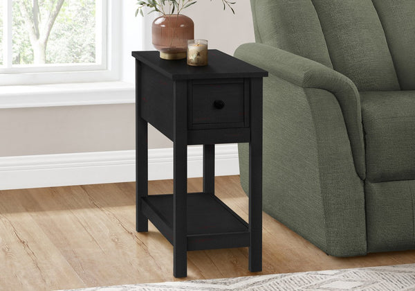 English Elm Accent 2-Tier Narrow End Table with Drawer and Shelf, Transitional Veneer Top, Solid Wood Legs for Compact Spaces Black 27 L x 15 W x 8 H B2710P219470
