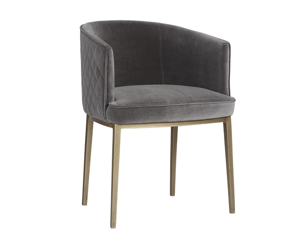 Sunpan CORNELLA Dining Armchair - Soft Blush Grey Fabric, Antique Brass Frame, Modern Elegance for Dining 104308