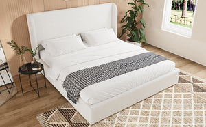 English Elm Queen Boucle Upholstered Wingback Bed Solid Wood Slats Cozy Bedroom Anchor W1670S00029